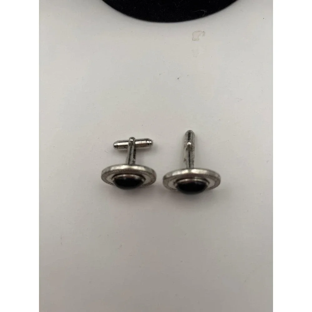 VTG Silver Tone Black Glass Cufflinks-Mid Century Men's Formal Tuxedo Accessorie